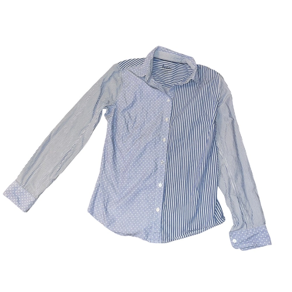 Boden Relaxed Weekend Shirt Blue White Mixed Stripe Polka Dot Cotton US 6